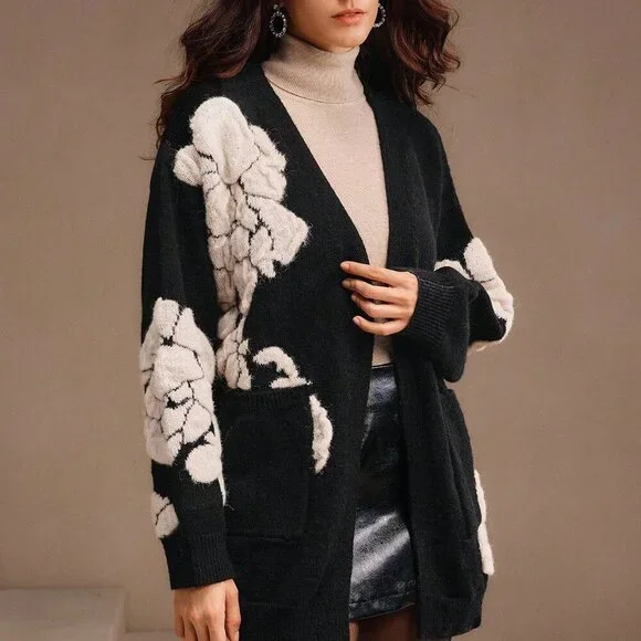 Black Casual Women's Elegant Loose Fit Jacquard Floral Cardigan, Mid-Length - Picture 5 of 7